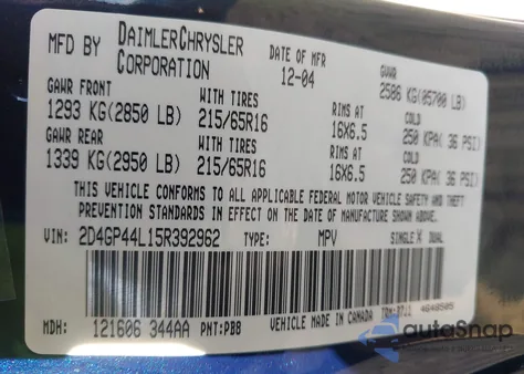 2005 Dodge Grand Caravan Sxt z USA, uszkodzony, nr VIN 2D4GP44L15R392962